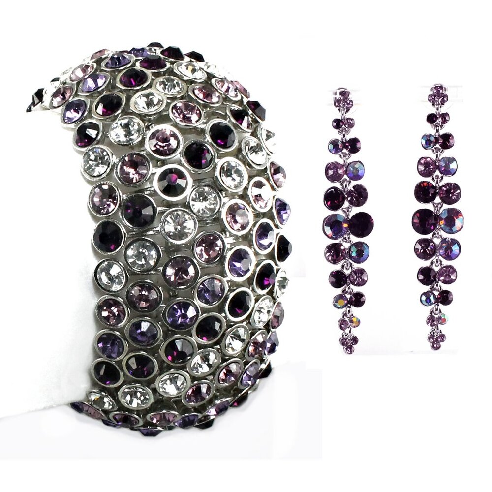 Crystal Bracelet Earrings Set Purple Clear Silver Statement Wedding Prom